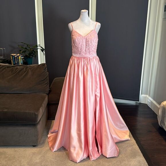 Women’s Pink Spaghetti Strap FullLength Leg Slit Formal Party Prom Dress Size 10 - Picture 1 of 11